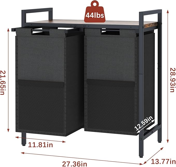 Laundry Hamper, double Laundry Basket, Laundry Sorter with Top Shelf & 2 Removable Washable Bags & Side Pockets for Laundry Room organization, Bathroom and Dorm, Rustic Brown and Black