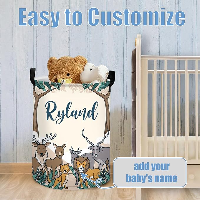 Personalized Baby Boys Laundry Hamper for Nursery, Custom Name Woodland Animals Laundry Baskets for Toddler Kids Adults, Personalized Gift Baby Name Laundry Hamper with Handles