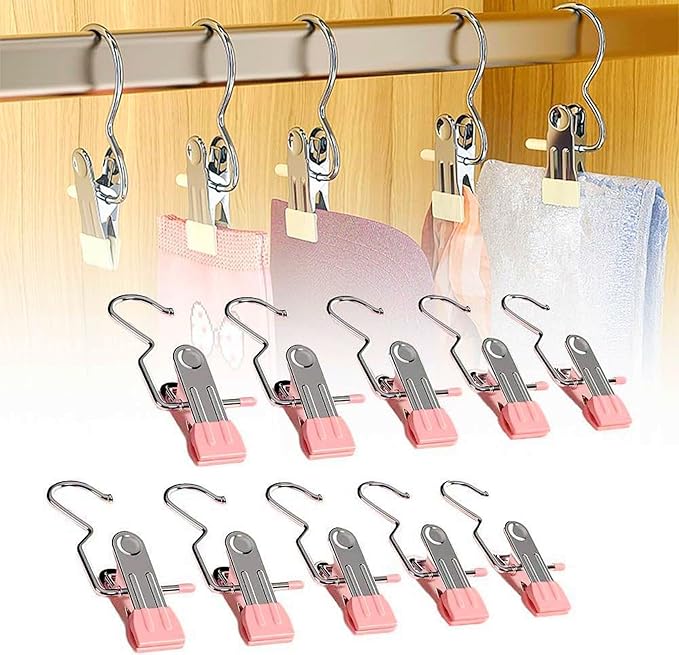 2024 New Space-Saving Clothespin Hat Pants Storage Hanging Travel Hook, 360° Swivel Stainless Steel Hangers with Clips, Laundry Hooks Hanging Clips Clothes Pins Socks Towel Clips (D-Pink 30PCS)