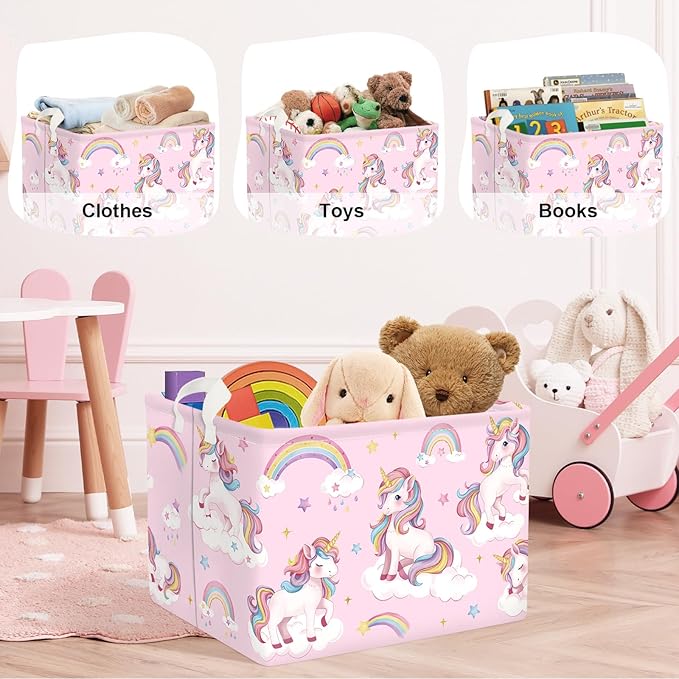 Unicorn Laundry Hamper Large Storage Basket Rainbow Clouds Collapsible Parents Organizer Kids Toy Clothes Bins for Bedroom, Bathroom, Stars, 36L