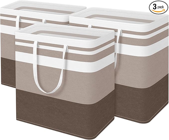BlissTotes 3-Pack Laundry Basket, Freestanding＆Waterproof Laundry Hamper, Collapsible Tall Clothes Hamper with Easy Carry Handles for Clothes, Towels in the Family and Dorm,Gradient Khaki,100L