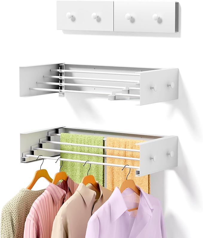 Upgrade Laundry Drying Rack, 23.6" Drying Rack Clothing Wall Mounted,Foldable, 4 Aluminum Rods with 4 Hooks, Space-Saving White Collapsible Drying Racks Hanger for Laundry Bathroom