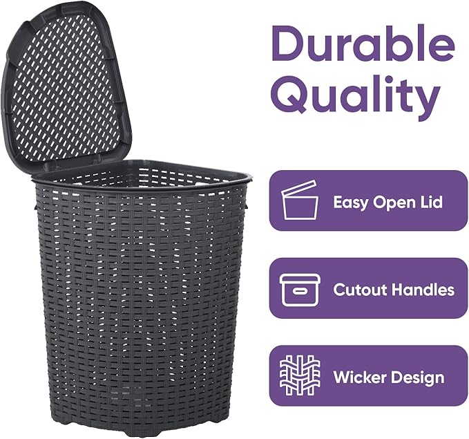 Superio Corner Laundry Hamper Basket With Lid 50 Liter - Grey Wicker Hamper - Durable, Lightweight Bin With Cutout Handles, Storage Dirty Cloths Curved Shape Design Fits Bathroom, Door and Closet