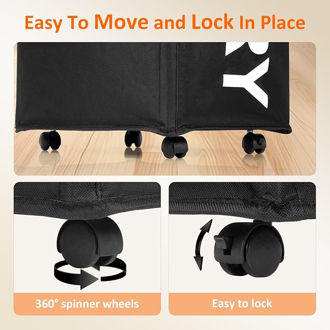 2 Pack Laundry Basket with Wheels, 90L Rolling Laundry Hamper with Wheels, Large Clothes Hamper on Wheel with Removable Mesh Bag for Bedroom, Dorm, Black