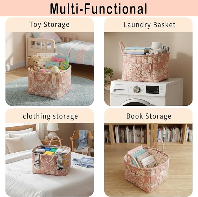 Mo&Cy Fabric Storage Basket with Handle – Collapsible Quilted Boho Floral Organizer for Laundry Room Organization,Clothes Basket,Toy Organizers and Storage,Diaper Caddy Basket(Soft Pink)