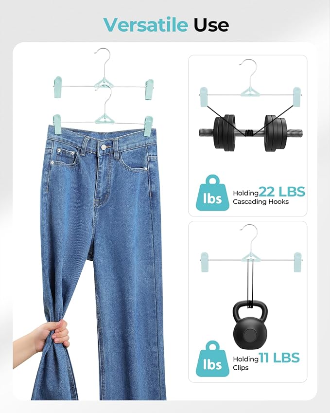 Pant Skirt Hangers with Clips 50 Pack - Space Saving Stackable Shorts Hangers with Clips - Non-Slip, Adjustable for Women, Kids, Men, Children, Blue
