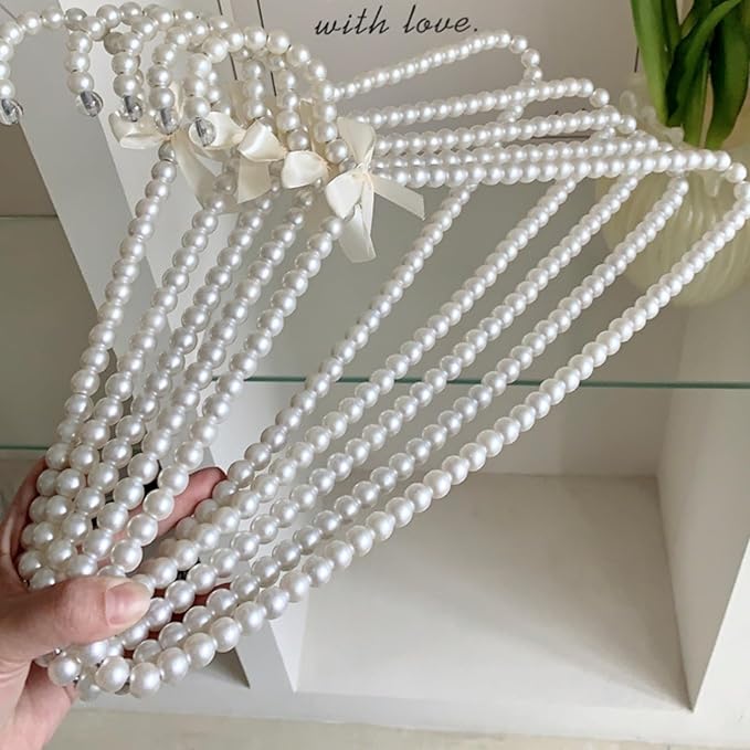 16 inch Pearl Hanger Cute Ribbon Bow Hanger Metal Elegant Clothes Hangers for Wedding Dress Photographing or Decorate Your Closet (5, White)