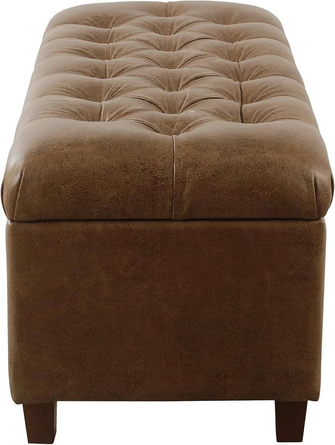 Homepop Home Decor | Button Tufted Storage Bench | Ottoman Bench with Storage for Living Room & Bedroom, Distressed Brown Faux Leather