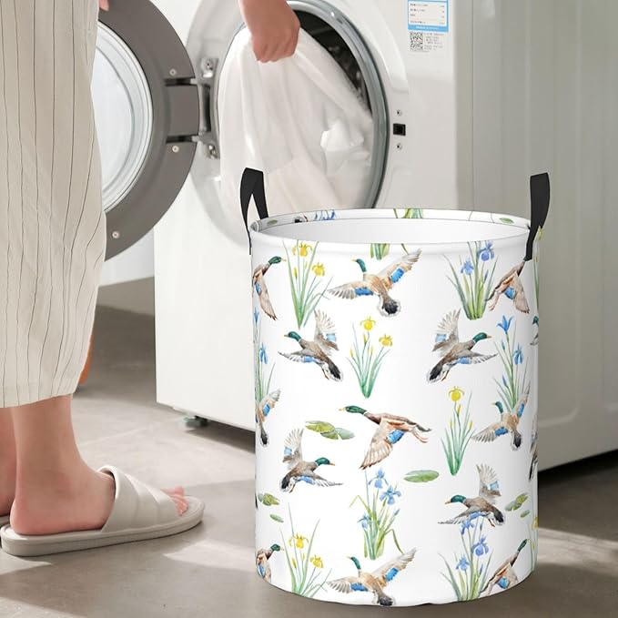Laundry Basket Watercolor Mallard Duck Room Decor,Round Laundry Hamper Waterproof Dirty Clothes Hamper Collapsible Laundry Baskets With Handles,Toy/Clothes Storage Basket For Home Dorm Bathroom Decor