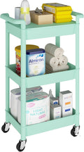 MIOCASA Utility Rolling Cart with Cover Top Board, 3-Tier Kitchen Storage Organization, Art Cart with Wheels for Office, Classroom, Livingroom, Kitchen, Bathroom (Green, 3-Tier-Plastic)