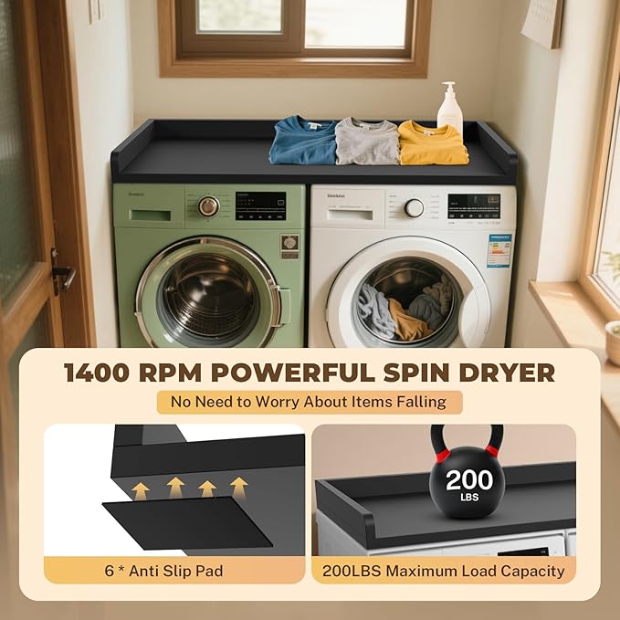 FAHKNS Washer Dryer Countertop - Wood Laundry Washer Dryer Topper with Anti-Slip Mat, 54" Width Waterproof Laundry Room Organization, Light & Save Space, Black