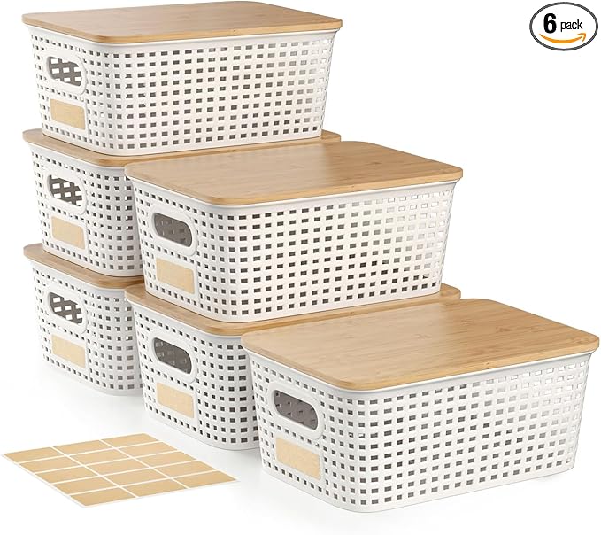6Pcs Storage Bins with Lids, Stackable Plastic Storage Basket with Bamboo Lid, Pantry Organizer Box Small Containers for Organizing Shelves Drawer Desktop Closet Cabinet Office Classroom 10x7.1x4.1in