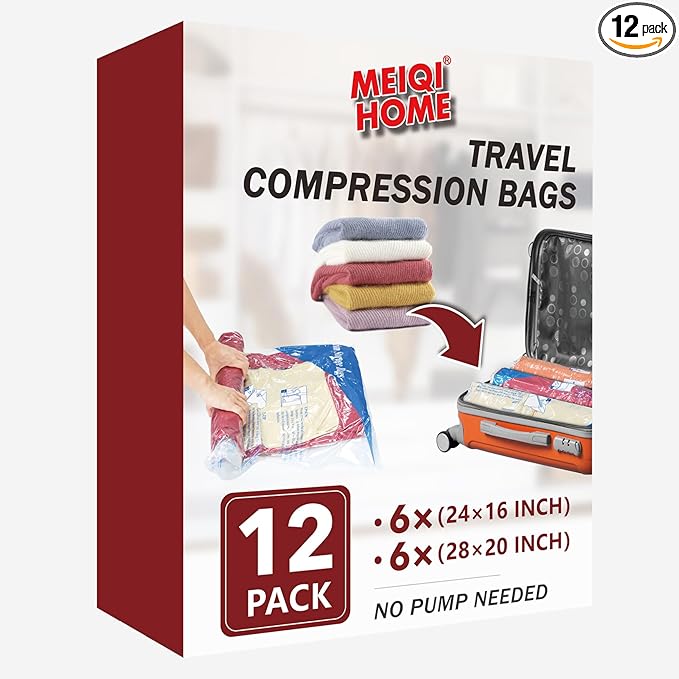 12 Pack Compression Bags for Travel | Vacuum Seal Storage Bags for Luggage & Dirty Clothes | Travel Packing Space Saver Bags for Suitcases & Home Organization | MEIQIHOME