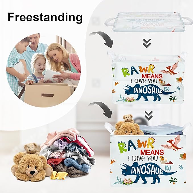 Dinosaur Laundry Hamper Large Storage Basket Cartoon Dino Collapsible Parents Organizer Kids Toy Clothes Bins for Bedroom, Bathroom, Boho Words, 36L