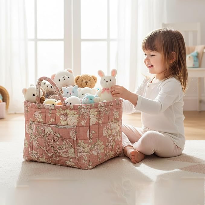 Mo&Cy Fabric Storage Basket with Handle – Collapsible Quilted Boho Floral Organizer for Laundry Room Organization,Clothes Basket,Toy Organizers and Storage,Diaper Caddy Basket(Soft Pink)