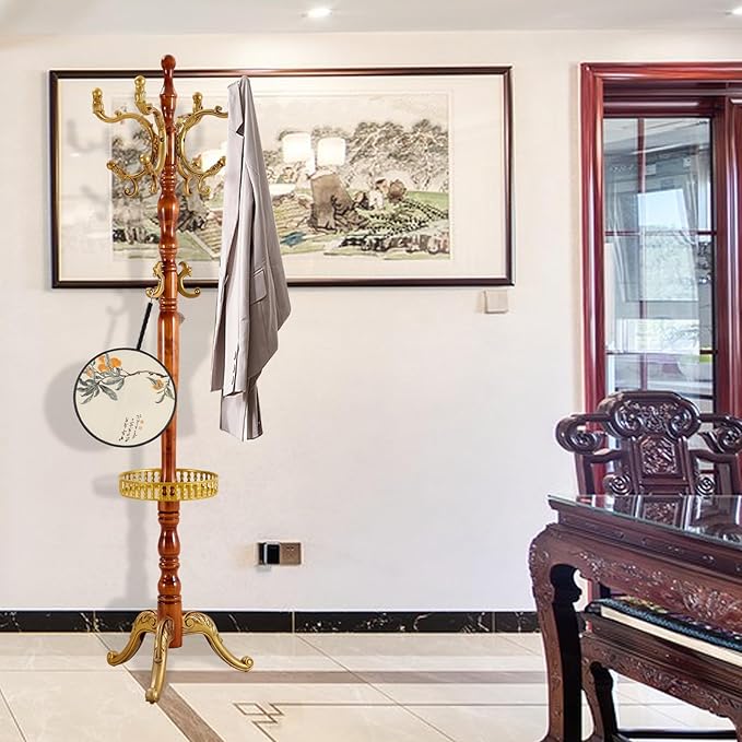 Coat Rack Freestanding, Wooden Tree Coat Rack Stand with 3 Adjustable Sizes Coat Tree and 14 Hooks, Sturdy Hall Tree with Solid Round Base for Entryway, Hallway,Bedroom (Begonia Tray)