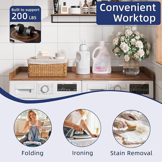 Washer Dryer Countertop, 54" Width x 27.5" Depth Laundry Countertop Organization, Wooden Washer and Dryer Topper for Folding, Sorting & Ironing, Easy to Install, Walnut