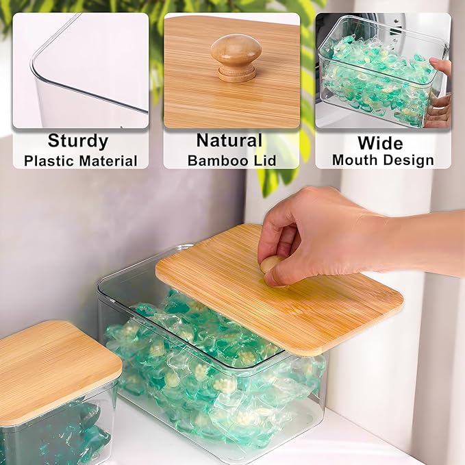 4 Pack Laundry Pods Container, Clear Laundry Room Organization Storage Containers with Wooden Lids & Scoops, Large Laundry Detergent Powder Containers for Powder Dryer Balls