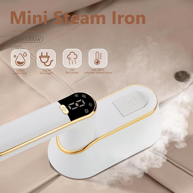 Micro Steam Iron for Clothes, Portable Handheld Travel Garment Steamers with LED Display, 3 Types Steam Mode, Rotating Foldable Dry & Wet Ironing, 1000W 20S Fast Heat Up Steaming (White-B)
