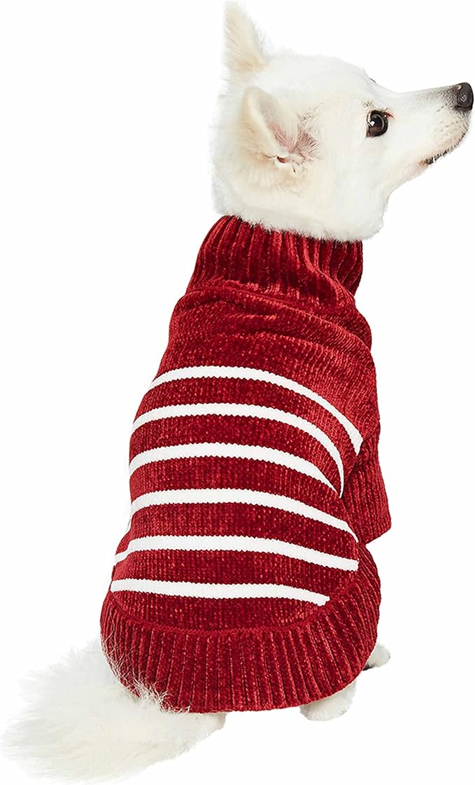 Blueberry Pet Cozy Soft Chenille Classy Striped Dog Sweater in Burgundy Red, Back Length 18", Pack of 1 Clothes for Dogs