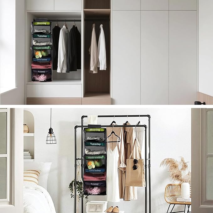 5-Shelf Weekly Clothes Organizer for Kids, Collapsible Hanging Closet Shelves, Baby Closet Organizers and Storage with 6 Side Pockets, Daily Clothing Divider for Boys and Girls (Black)