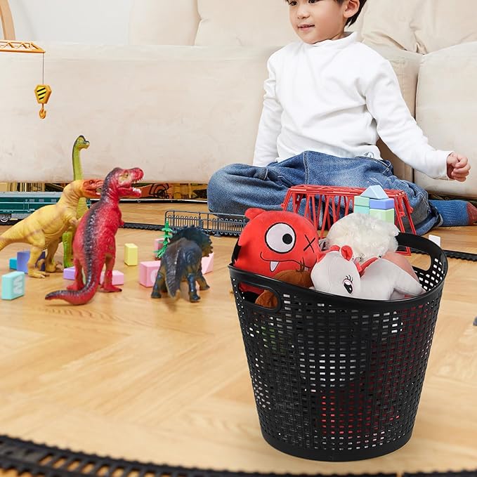 40 L Round Laundry Basket, Plastic Carry Hamper, 6 Packs, Black