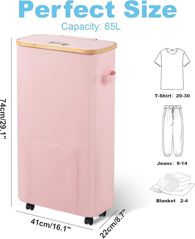 Laundry Basket with Wheels, Tall Dirty Clothes Hamper on Wheels, Rolling Laundry Hamper with lid for Dorm, Bedroom and Bathroom