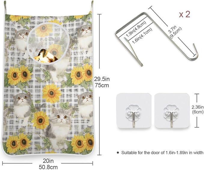 Hanging Laundry Hamper with Stainless Steel Hooks,Oxford Fabric Printing Door Laundry Clothes Bag, 29.5X20inch 2PCS Grey Gingham Scottsih Fold Cat Sunflower