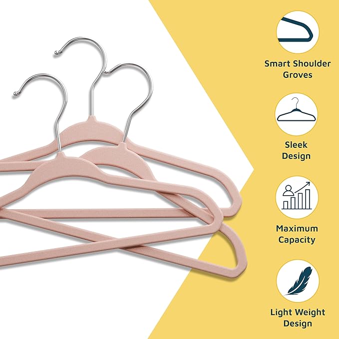 Pink Velvet Kids Hangers 50 Pack, 10.83" Non-Slip Baby & Toddler Hangers for Clothes, Space-Saving Slim ABS Plastic with 360° Swivel Hook & Notched Shoulders, Up to 10 lb Capacity