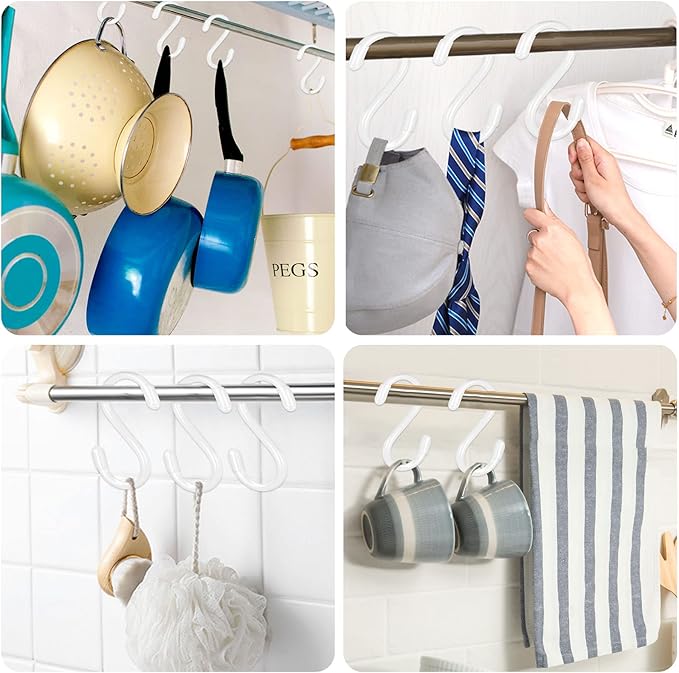 20 Pack Vinyl Coated S Hooks for Hanging,Heavy Duty S Hook for Hanging Plants,Non Slip 3 Inch Closet S Hooks,Steel Metal White Vinyl Coated Small Hook for Jeans Pots and Pans Coffee Cups