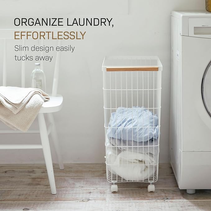 Yamazaki Home Wire Slim Saving Rolling Wheeled Clothing Hamper | Steel + Wood | Laundry Basket, One Size, White