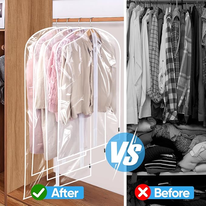 BALEINE 40'' Clear Garment Bags, 12 Packs PEVA Dress Bag for Closet Clothes Dresses Suit Coats Storage (Clear, 12PK)