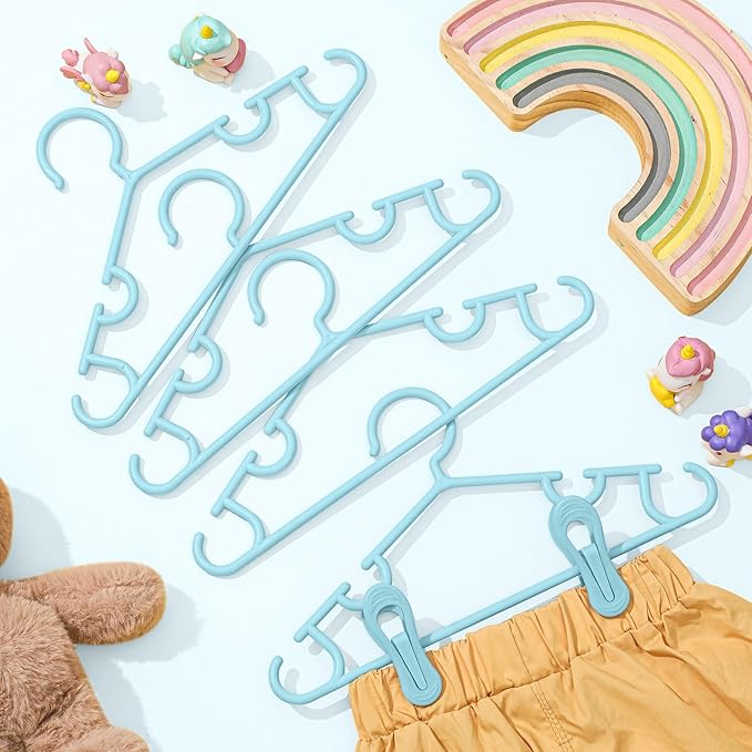 Hsei 5/10/40 Pack Baby Hangers with 10/20/80 Clips, Plastic Kids Pants Hangers for Nursery Closet Top and Bottom Clothes Hanger Set for Newborn Infant Toddler(120 Packs Total,Sky Blue,10.6 Inch)