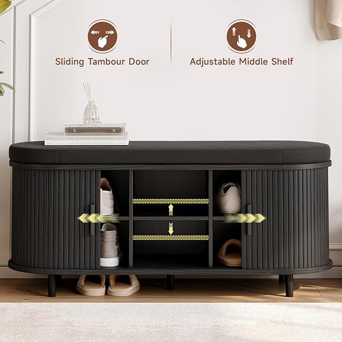 ONBRILL 43" Shoe Bench with Storage, Fluted Shoe Storage Bench with Cushion, Sliding Door and Adjustable Shelf, for Entryway, Hallway, Living Room (Black)
