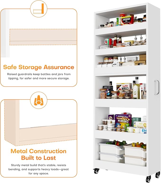 Slim Storage Cart, Lightweight 6 Tier Metal Rolling Utility Kitchen Cart on Wheels, Mobile Storage Shelving Unit Organizer for Bathroom Laundry Office Narrow Places (White, 10" D)