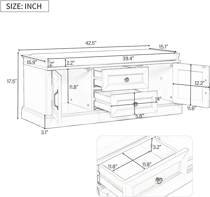 Knocbel 42.5" Entry Storage Bench with Removable Cushion, 2 Drawers and 2 Cabinets, Entryway Hallway Foyer Shoe Bench End of Bed Bench with Aluminum Handles, 200lbs Weight Capacity (White)