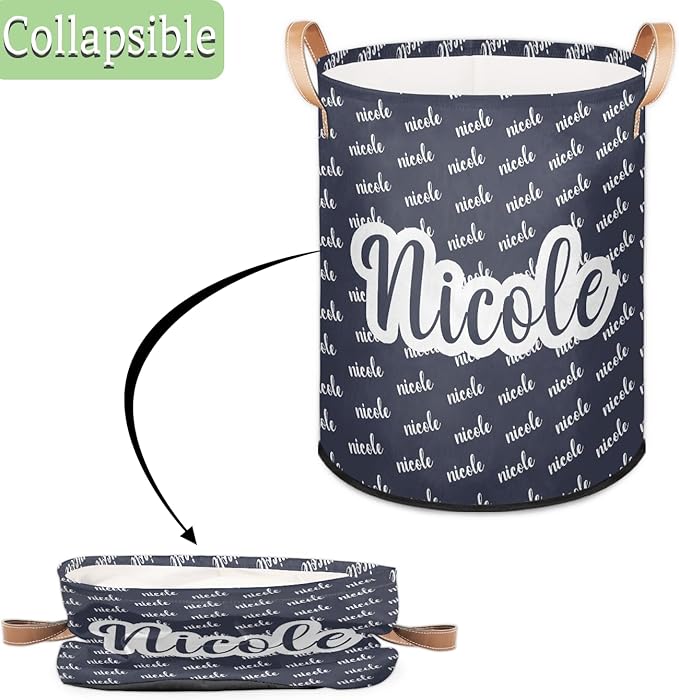 Custom Name Laundry-Hamper, Personalized Kids-Clothes-Hamper Foldable with Name, Customized Storage Basket with Handles Waterproof Gift for Boys Girls Baby Women, Dark Blue