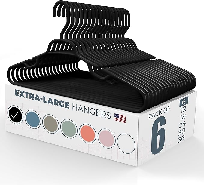 Neaties Large & Wide Heavy Duty Clothes Hangers 6 Pack – Made in USA – Ideal for Plus Size Clothing – 10lb Plastic Hangers with Notches for Oversized Adult Coats & Pants – Black