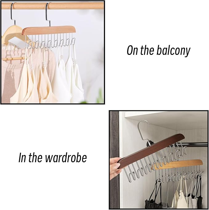 Belt Hanger 2Pcs Belt Hanger with 16 Hooks Bra Hangers for Closet,Space-Saving Wooden Closet Hanger Organizer for Ties, Scarves, Bras,Tank, Tops (Wood)
