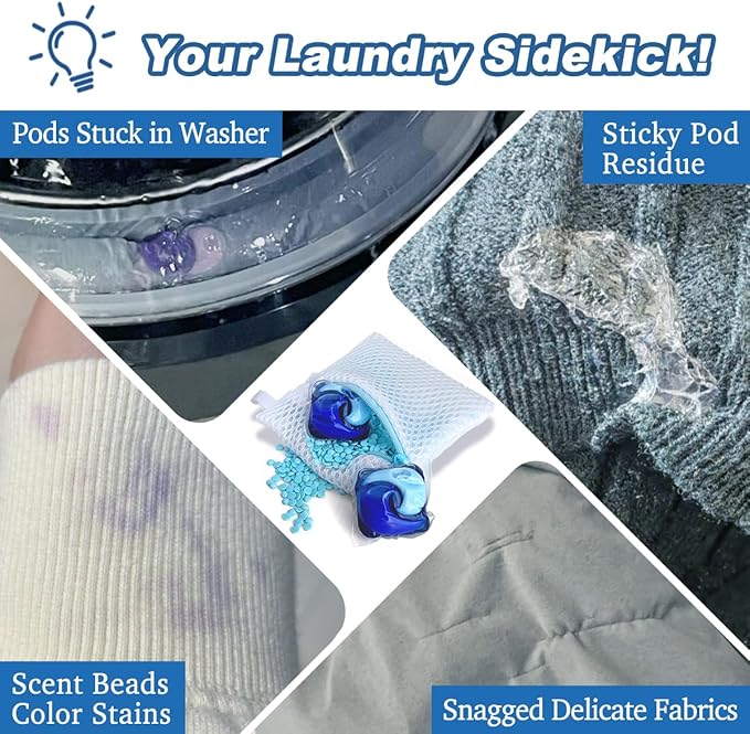 4 Pack Laundry Pod Bags with Zipper, Reusable Mesh Wash Bags for Anti-Sticking & Stain Prevention, Secure Holder for Detergent Pods & Scent Beads, Washer Safe Delicates Laundry Aid