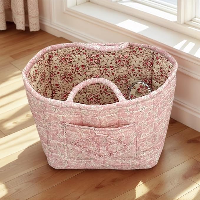 Quilted Laundry Basket Floral Storage Basket Cute Fabric Laundry Baskets Large Boho Foldable Nursery Hamper (Floral02)