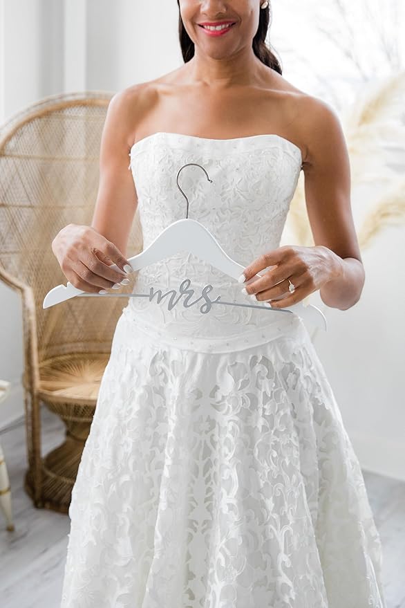 Pearhead Mrs. Wedding Dress Hanger, Wooden Bridal Gown Hanger with Cursive Wire Lettering, Wedding Photo Prop and Bridal Keepsake, White and Silver