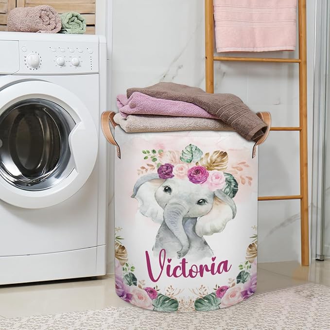 Personalized Laundry Basket, Custom Gift Laundry Hamper, Collapsible Nursery Waterproof Laundry Baskets, Dirty Clothes Toy Hamper with Handles Tropical Elephant
