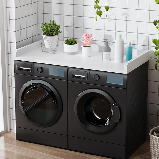 Washer Dryer Countertop, 27.5" Depth x 54" Width, Washer Dryer Wood Top for Laundry Room Organization, Melamine Countertop with Edge Rails
