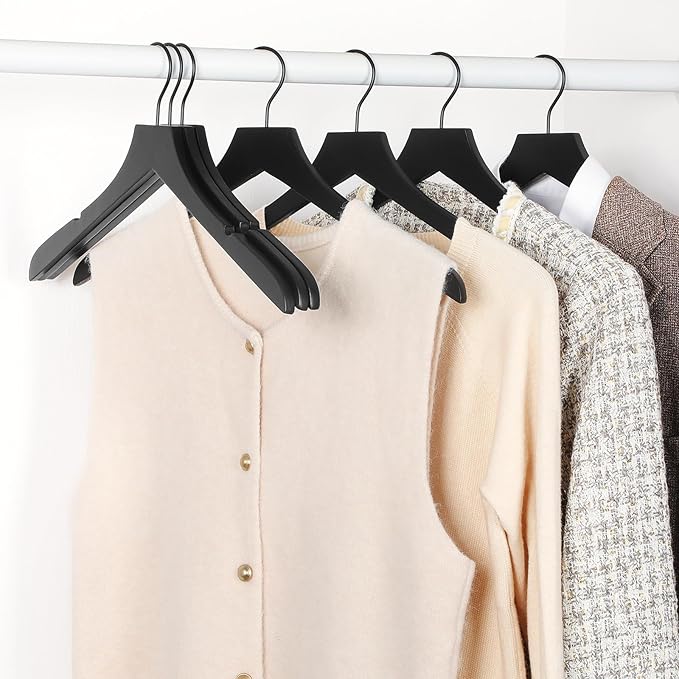 TOPIA HANGER Black Wooden Hangers, Rubber Wood Clothes Hangers with Rotatable Black Hook and Smooth Cut Nothces, Set of 12 for Coats, Suits, Jackets, Sweaters, Dresses - CTS01B