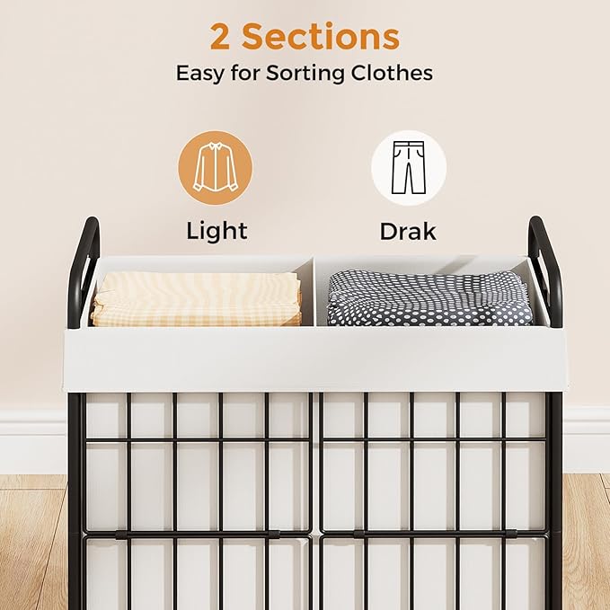 2 Section Laundry Hamper with Wheels and Brake, 100L Laundry Sorter Cart with 2 Removable Machine Washable Liner Bags, Metal Handle, Rolling Laundry Basket with Lid for Bedroom Laundry Room