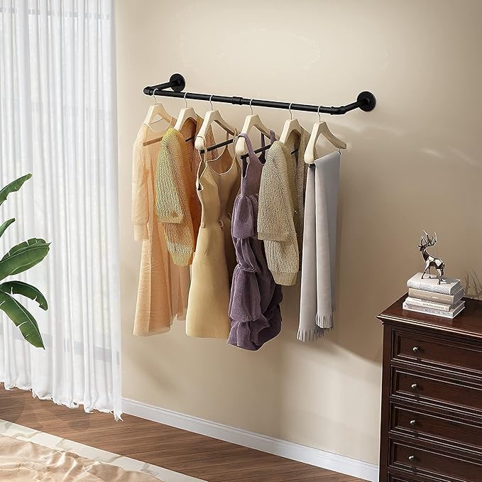 Wall Mounted Clothes Rack 38.4in, Industrial Pipe Wall Mount Clothing Rack, Heavy Duty Iron Garment Racks, Space Saver Multi-purpose Hanging Rod for Laundry Room, Closet Storage, 2 Packs