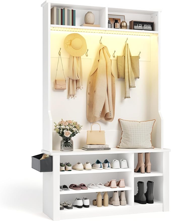 Aiho Entryway Bench with Coat Rack, 5-in-1 Hall Tree with Bench and Shoe Storage, Entryway Furniture, Adjustable LED Light, for Hallway, Living Room, White