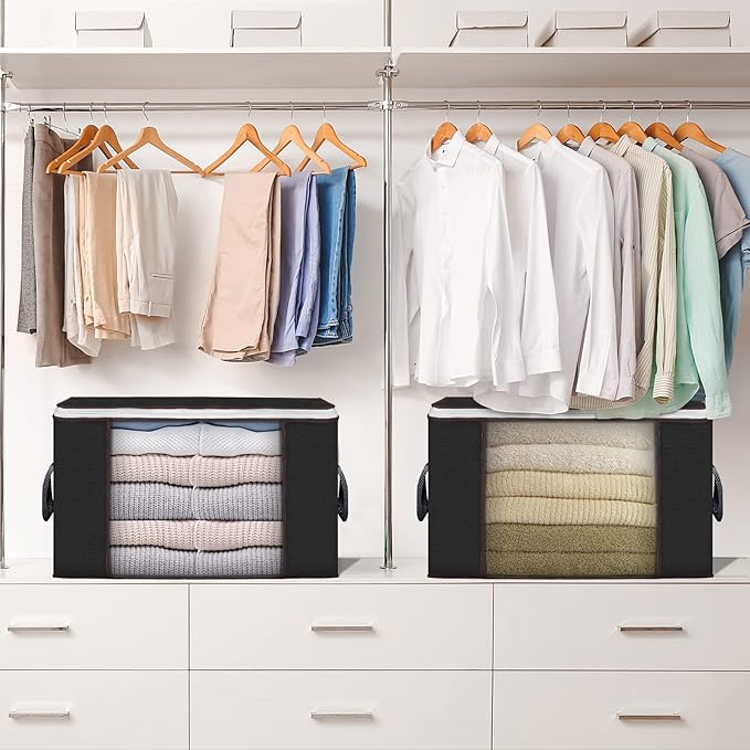 Large Storage Bags, 4 Pack Clothes Storage Bins Foldable Closet Organizers Storage Containers with Durable Handles Thick Fabric for Blanket Comforter Clothing Bedding 90 L (Black)