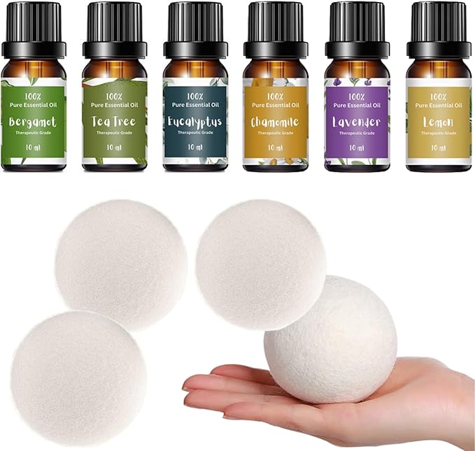 Essential Oils for Laundry, Diffusers, Dryer Balls, Candles, Soaps – 6 Most Popular 100% Pure Therapeutic Grade Aromatherapy Oils (4 XL Dryer Balls & Essential Oil Set Bundle)